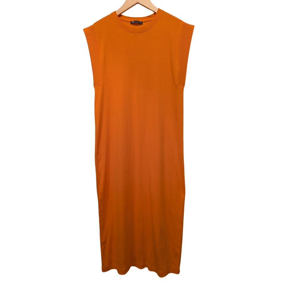 Zara Ribbed Tee Shirt Midi Dress Orange Bright Small‎ Lagenlook Crewneck